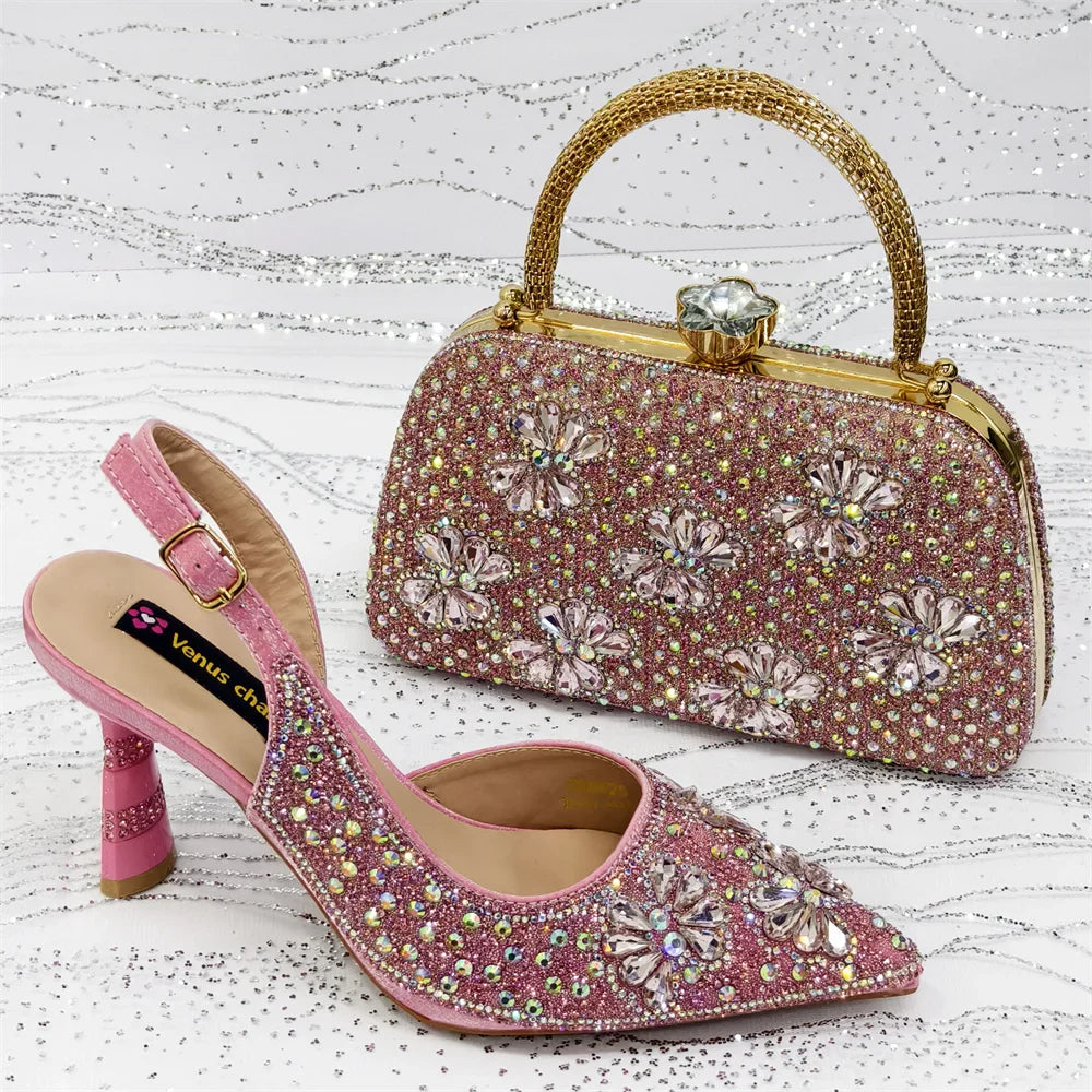 Conjunto de Sapatos de Festa Roxo de Salto Alto e Bolsa de Strass Feminino - Estilo de Casamento Design Italiano