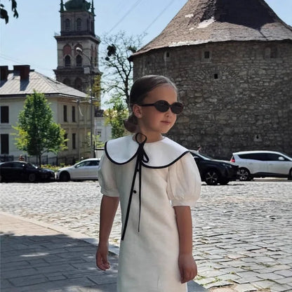 2-8Yrs Kids Girls Summer Dress Colorblock Doll Collar Elegant British-French Style Princess Dress UNITIM Children Girl Dress