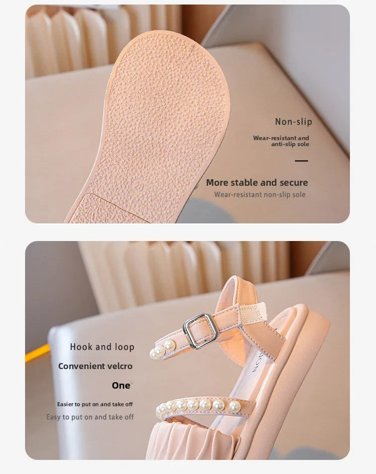 Girls Sandals Kids Summer Shoes Children's Beach Sandals with Pearls Princess Sweet Anti-slippery Open Toes Lace Chic Beading