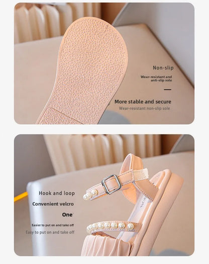 Girls Sandals Kids Summer Shoes Children's Beach Sandals with Pearls Princess Sweet Anti-slippery Open Toes Lace Chic Beading