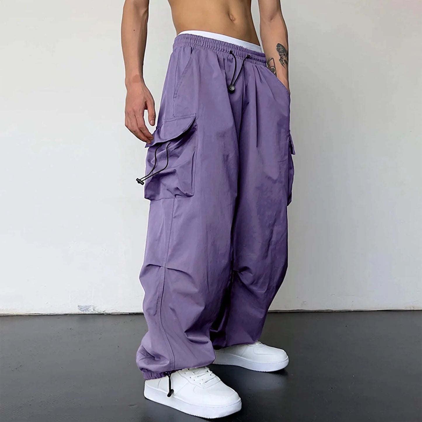 Cool Streetwear Versatile Quicky Drying Wide Leg Low Waist Drawstring Cargo Trousers Fashion Daily Casual Pockets Pants For Male