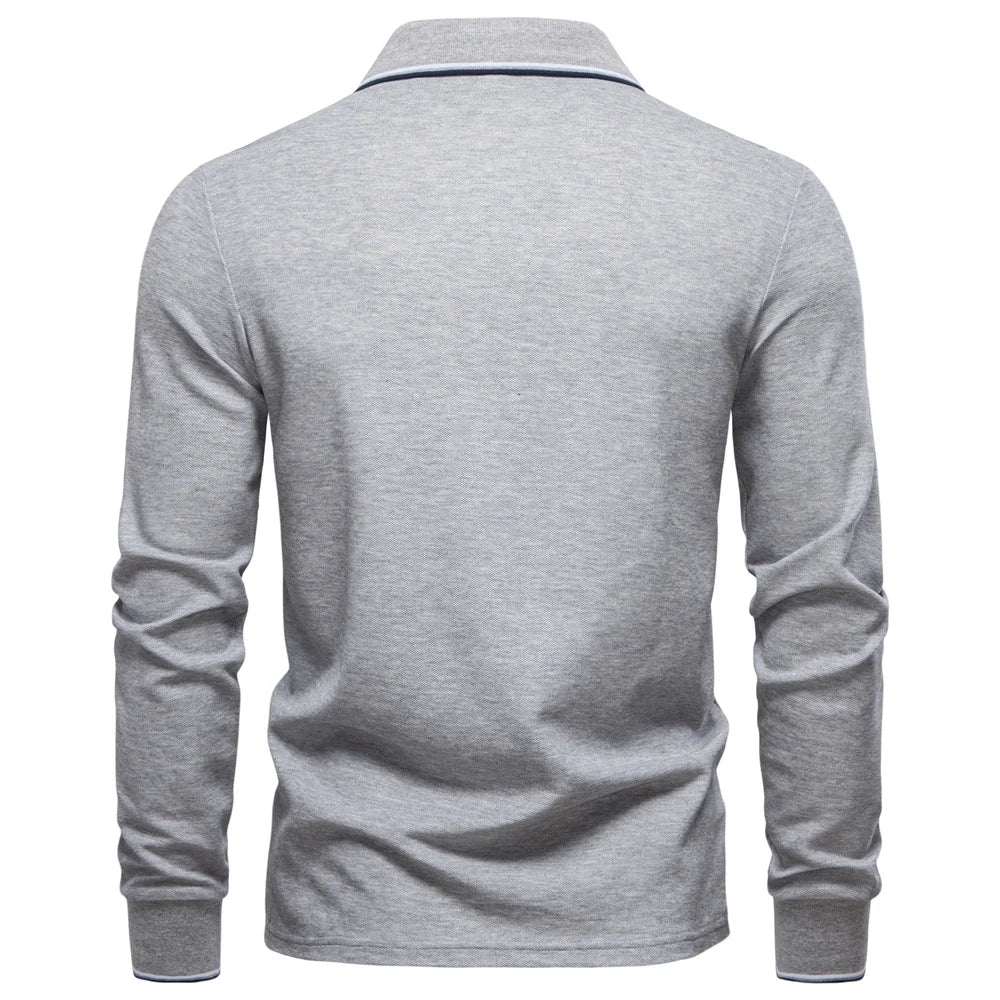 Men's Henley Neck Polo Shirt Cotton Solid Color Long Sleeve Autumn Winter Premium Luxury Mens Top