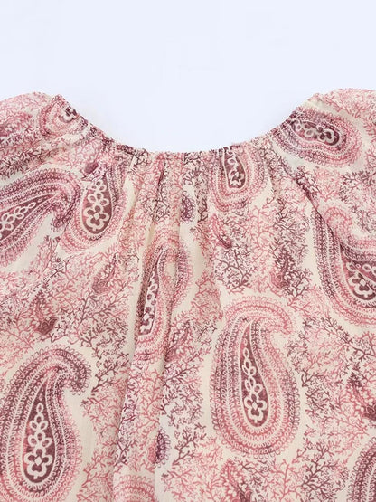 2025 Women Summer MIDI Dress Vintage Print Chiffon V-Neck Cascading Ruffle Long Sleeve Female Elegant Street Dresses Clothing