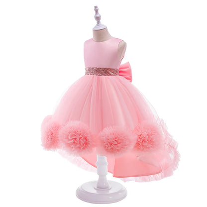 Elegant Trailing Flower Party Girls Dress Summer Wedding Bridesmaid Princess Prom Dress Girl Tull Bow Birthday Evening Ball Gown