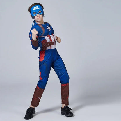 Captain America Muscle Costume Cosplay Superhero Captain America Muscle Jumpsuit Shield Halloween Carnival Party Costume for Kid