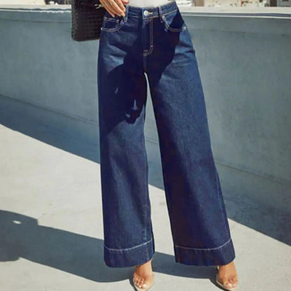 Women's High Waist Wide Leg Jeans - Classic dark blue washed stretch jeans