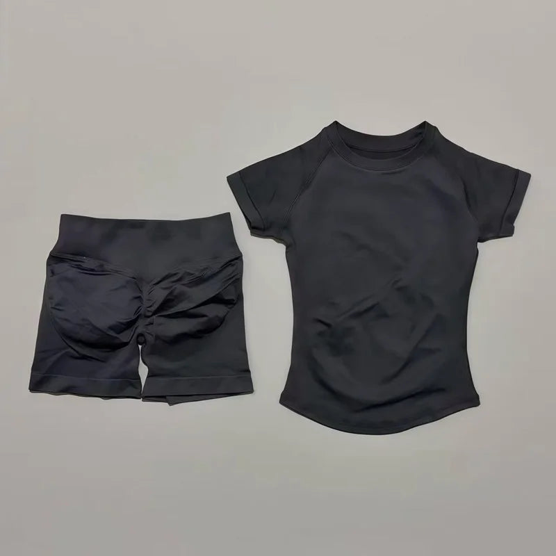 2 Piece Gym Sets Women Seamless Short Sleeve Top Butt Lifting Shorts Workout Fitness Running Sports Yoga Tracksuit