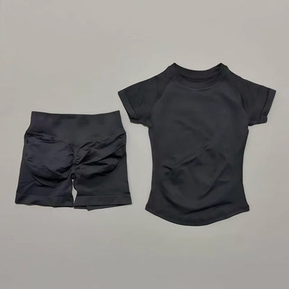 2 Piece Gym Sets Women Seamless Short Sleeve Top Butt Lifting Shorts Workout Fitness Running Sports Yoga Tracksuit