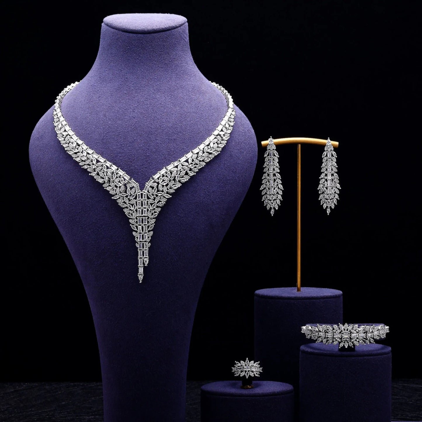 4 Piece Bridal Zirconia Full Jewelry Set for Women Party Luxury CZ Crystal Wedding Necklace
