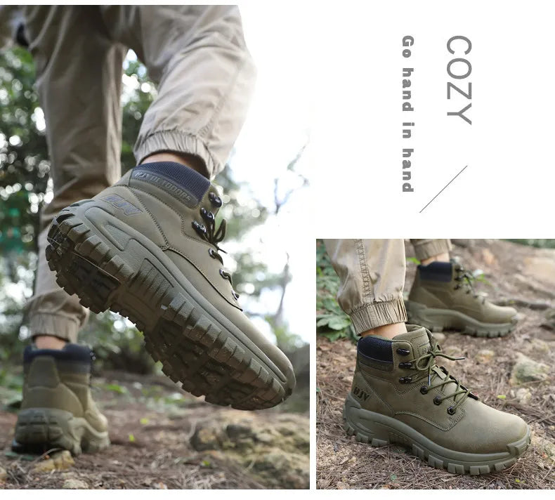 High-Top Leather Men's Boots Breathable Desert Combat Boots Outdoor Non-slip Hiking Boots Men Motorcycle Boots Work Ankle Boots
