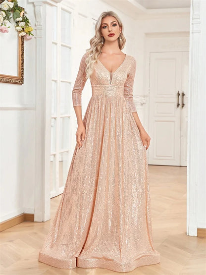 Luxury V Neck Long Sleeves Blue Sequins Formal Evening Dress Women 2024 Wedding Party Prom Maxi Cocktail Dress Gowns