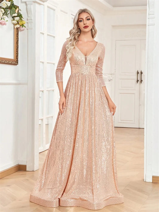 Luxury V Neck Long Sleeves Blue Sequins Formal Evening Dress Women 2024 Wedding Party Prom Maxi Cocktail Dress Gowns