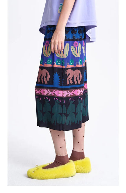 A-line Skirt 2026 Spring New Elastic Waist Colorful Floral Print Pleated Commuter Retro Style Skirt For Women 3ELC20607