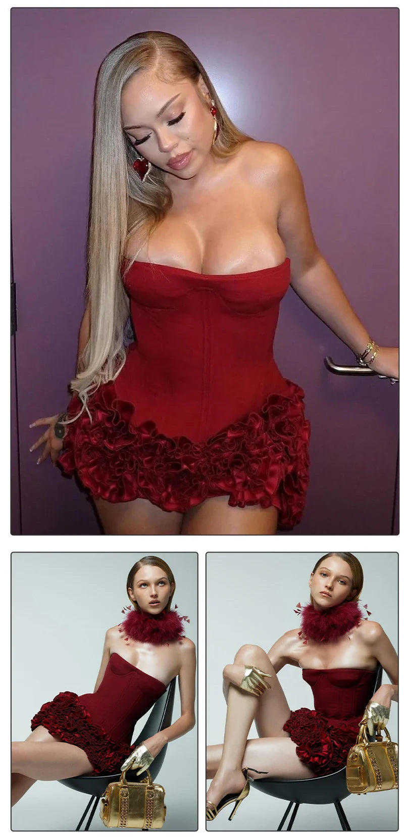 Christmas Dress Strapless Backless Red Structured Floral Embellished Mini Length Bodycon Celebrity Party Cocktail Dress