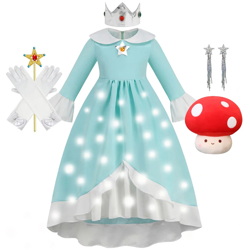Rosalina Galaxy Princess Dress with Glowing Light Girls Game Role Play Princess Costume Halloween Rosalina Kids LED Light 10T
