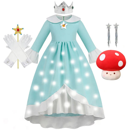 Rosalina Galaxy Princess Dress with Glowing Light Girls Game Role Play Princess Costume Halloween Rosalina Kids LED Light 10T