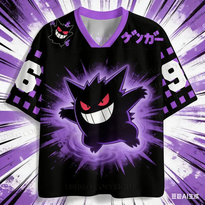 Y2K Adult Gengar 3D Print V-Neck Purple-Black Ghost Retro Anime Raglan Sleeve T-Shirt