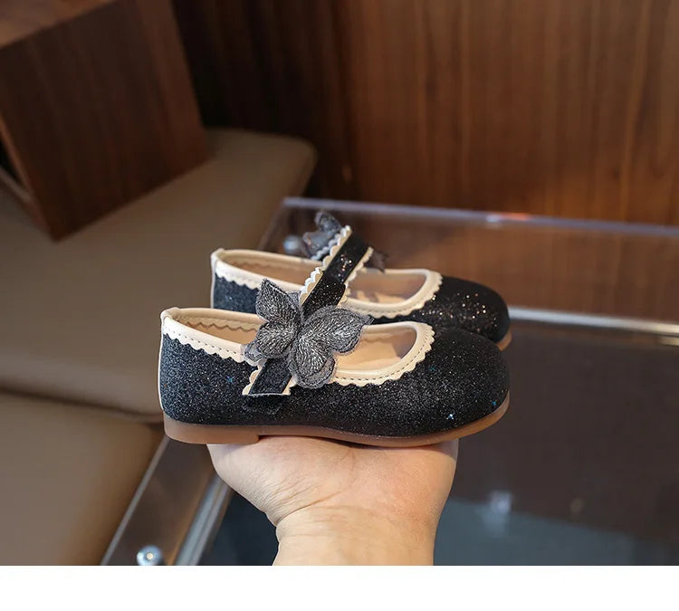 New Girls Princess Shoes Fashion Children's Bow Rhinestone Sequin Kids Shoes Baby Party Student Flat Performance Shoes