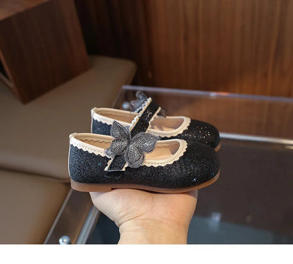 New Girls Princess Shoes Fashion Children's Bow Rhinestone Sequin Kids Shoes Baby Party Student Flat Performance Shoes