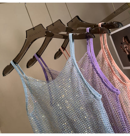 Summer New Mesh Diamond Crystal Short Halter Top AB Color Diamond Sexy Inner Shining Waistless Tops