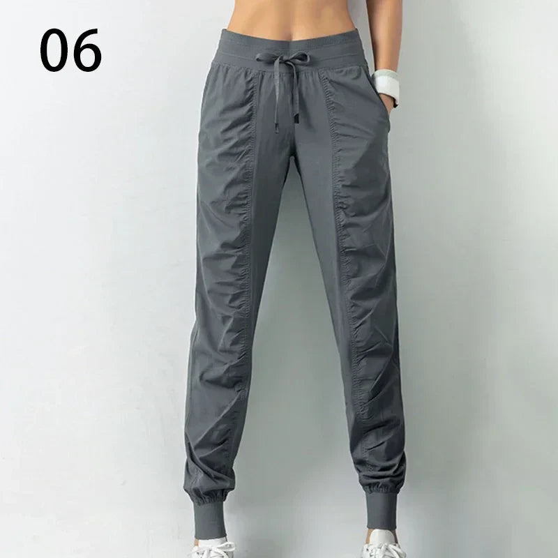 Sweatpants Fabric Drawstring Running Sport Joggers Women Quick Dry Athletic Gym Fitness with Two Side Pockets Exercise Pants