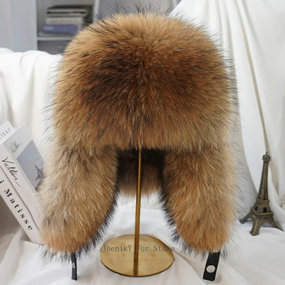 2025 Cap 100% Raccoon Dog Full Fur Fox Fur Hat Men's Fur Ear Protection Winter Thickened and Warm Russian Hat Men's Trend