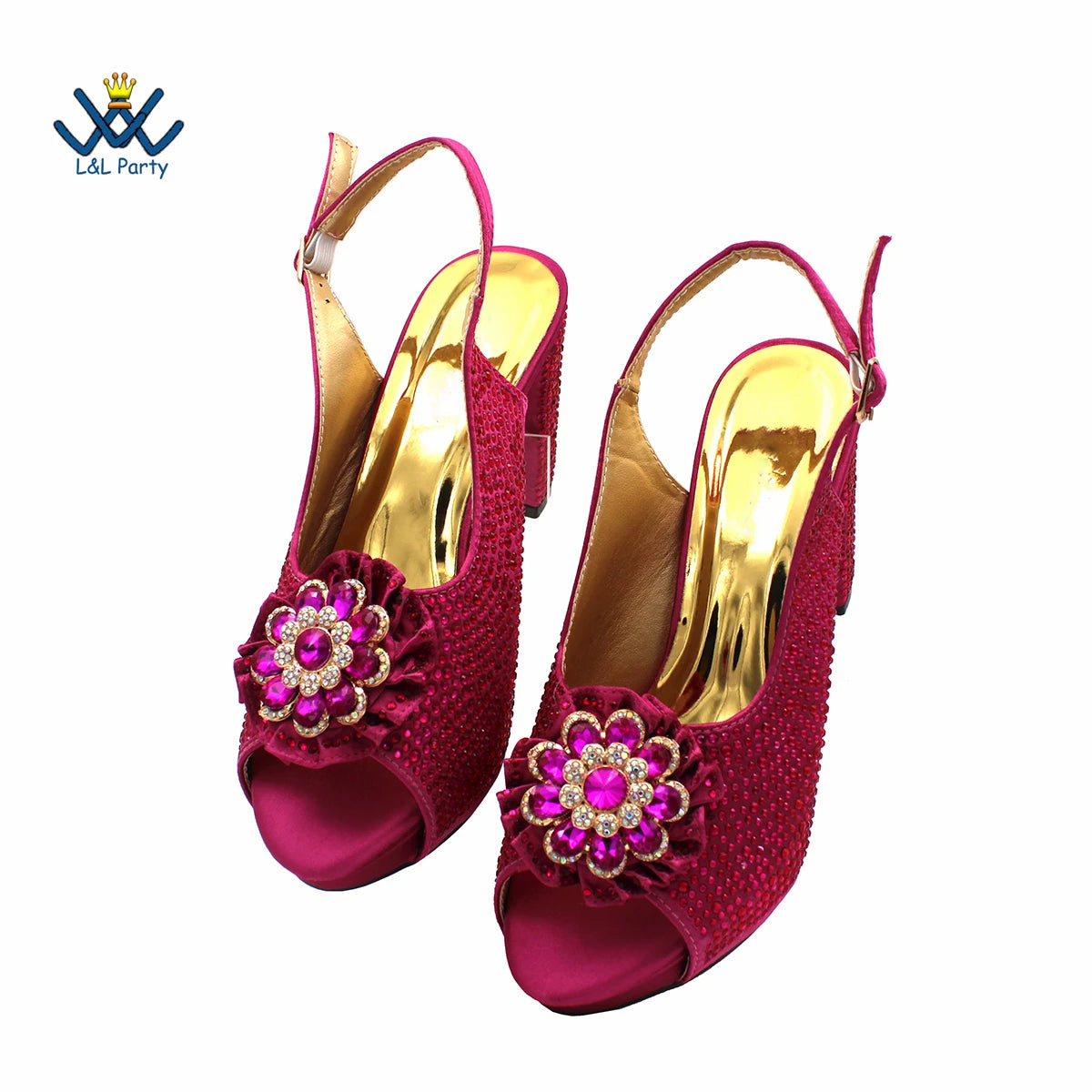 Special Design Women Crystal Style African Ladies Party Shoes Matching Bag in Magenta Color