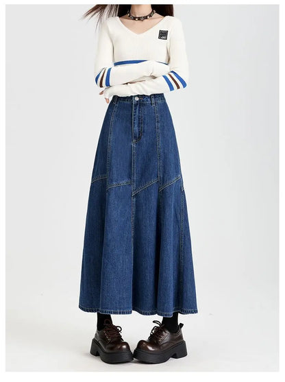 Women Blue A-line Denim Skirt Vintage Aesthetic Y2k Patchwork New Jean Skirt Harajuku Korean Cowboy Skirts 2000s Clothes Summer