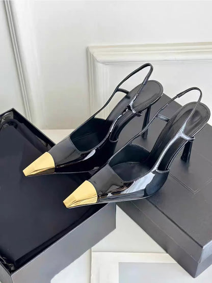 New Summer Women's High-heeled Sandals Gold Iron Head Patent Leather Black Stiletto Square Head Closed Toe Sling Back Shoes