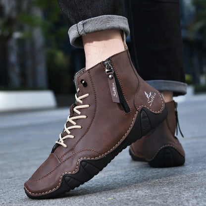 New 2025 Handmade Casual Shoes Men Sneakers Ankle Boots Leather Side Zipper Comfortable Breathable Anti-Slip Outdoor Walking