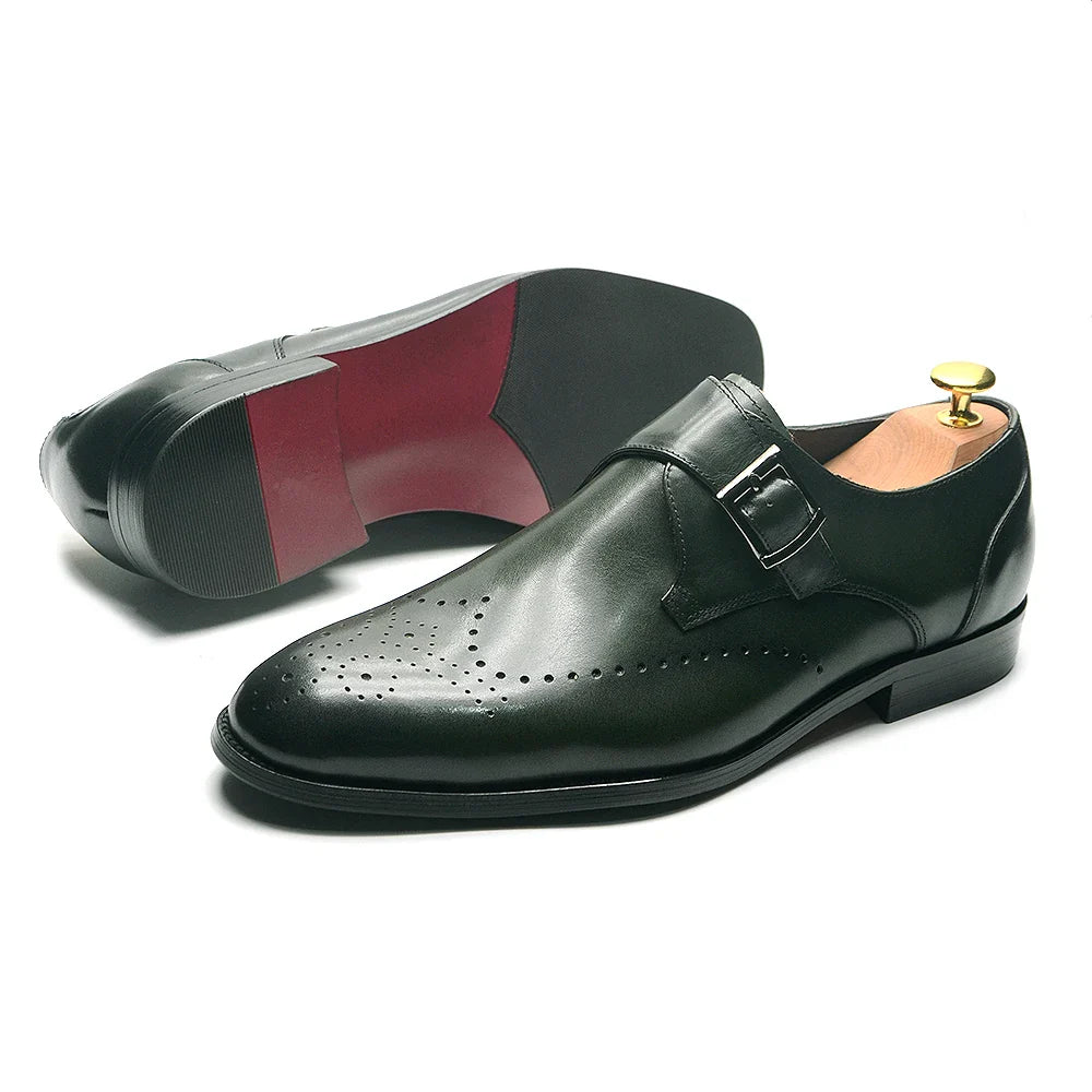 Elegant Men's Monk Strap Dress Shoes Genuine Leather Single Buckle Green Black Loafer Brogue for Party Wedding Formal Occasions