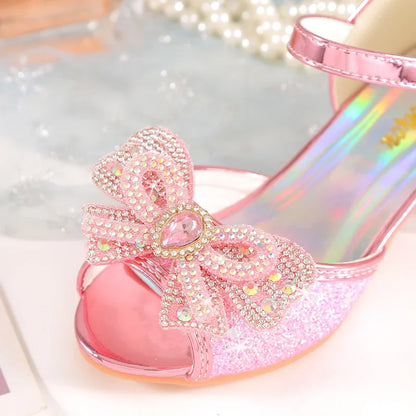 Summer Girls Sandals With Heel Fashion Rhinestone Shiny Glitter Shoes Children Princess Bowtie Pearl Dancing Shoes H876
