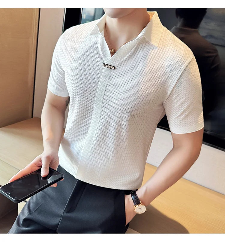 High-Grade Ice Silk Seamless Adhesive Polo Shirt, High-Elastic V-neck Thin Waffle Short-Sleeved Golf Shirt, T-shirt