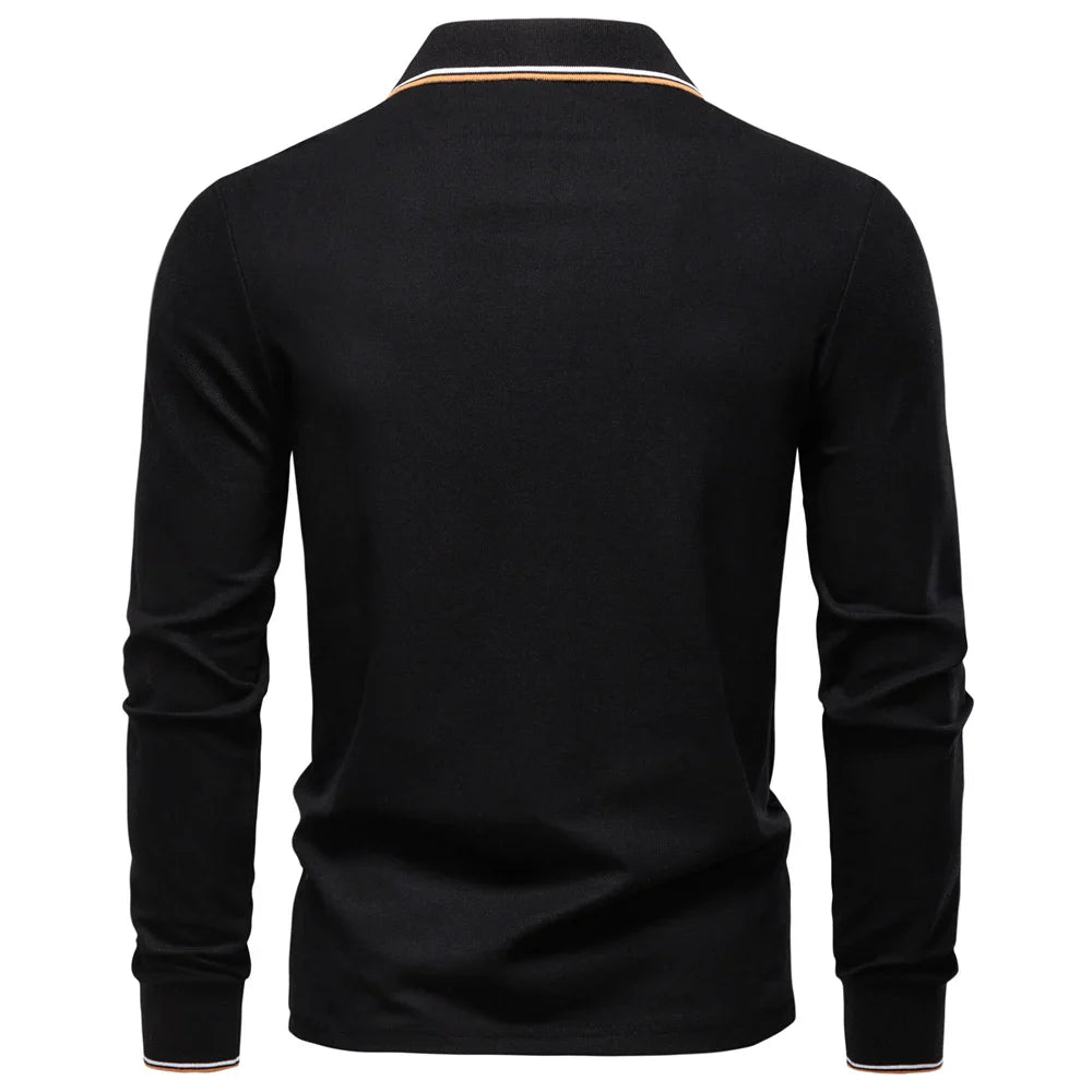 Men's Henley Neck Polo Shirt Cotton Solid Color Long Sleeve Autumn Winter Premium Luxury Mens Top