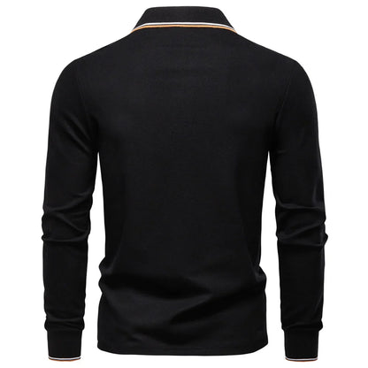 Men's Henley Neck Polo Shirt Cotton Solid Color Long Sleeve Autumn Winter Premium Luxury Mens Top