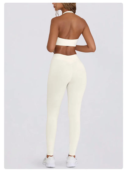 Women's Yoga Suits Quick Drying Leggings Gym Shorts Nude Hanging Neck Bra Running Gym Exercise Sets
