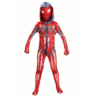 Kids Red Venom Spider Costume with Mesh Mask Zipper Hooded Jumpsuit for Halloween Party Cosplay Mardi Gras Performance Costume