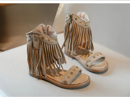 One-strap Summer Roman Shoes for Girls Tassel Rivets High-top Sandals Little Girl Soft Sole Bohemian Dress Shoes Child I06133
