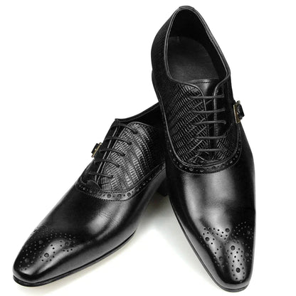 Genuine Leather Brogue Shoes Formal Oxford Lace-up  Dress Shoes Handcrafted Male Business Office Man Side Metal Buckl