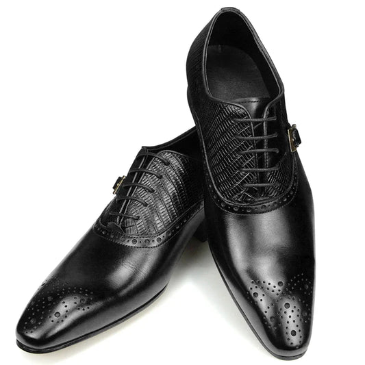 Genuine Leather Brogue Shoes Formal Oxford Lace-up  Dress Shoes Handcrafted Male Business Office Man Side Metal Buckl