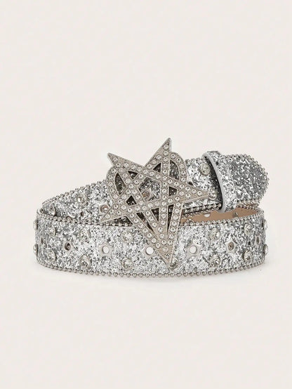 1pc Men's Y2K Punk Six-pointed Star Rhinestone Buckle Glitter Rhinestone Belt, A Versatile Belt To Match Jeans