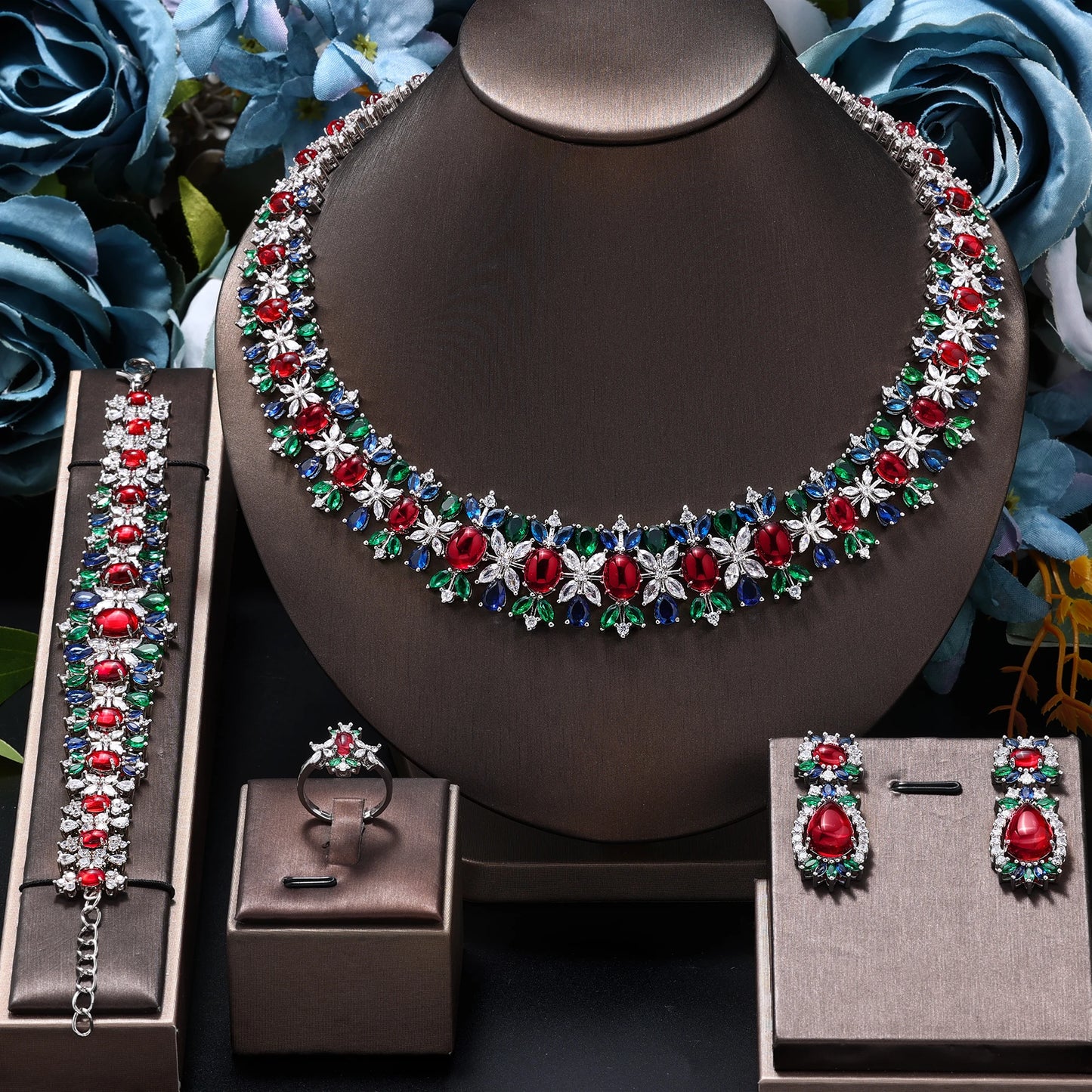 New Luxury Green Blue CZ Crystal Turquoise Earrings Necklace 4PCS Wedding Bridal Jewelry Set for Party