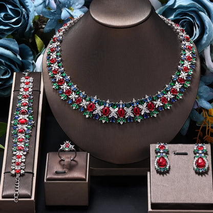 New Luxury Green Blue CZ Crystal Turquoise Earrings Necklace 4PCS Wedding Bridal Jewelry Set for Party