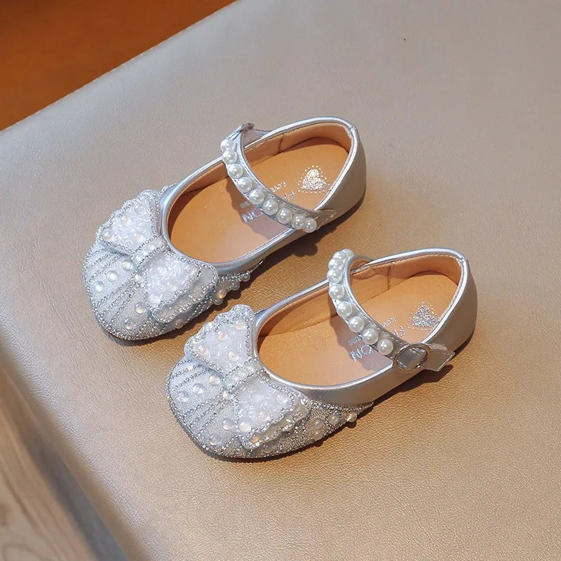 Size 23-34 Silver Bow Cute Princess Flat Shoes for Teenage Girls Casual Low Vamp Student Performance Dance Shoes