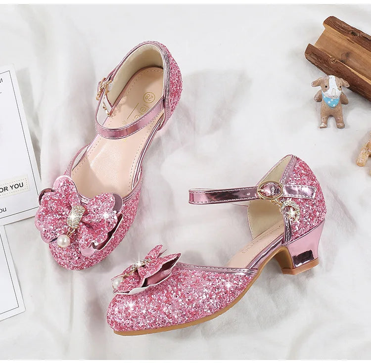 Children's Sandals for Party Wedding Elegant Bowknot Kids Girls Versatile Sequins High-heels Fashion Pearl Princess Single Shoes