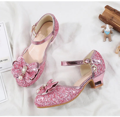 Children's Sandals for Party Wedding Elegant Bowknot Kids Girls Versatile Sequins High-heels Fashion Pearl Princess Single Shoes