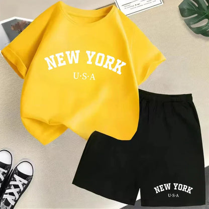 Summer Short Sleeve New York USA Letter Graphic Kid Tshirt +shorts 2pcs Set Baby Boy Girl Clothes Sport Cotton Children Outfit
