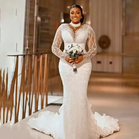 Customized Luxury Beaded Mermaid Wedding Dresses High Neck Long Sleeves Sweep Train Plus Size Bridal Gowns
