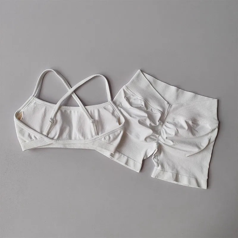 2PCS Women's High Waist Seamless Yoga Gym Set Sports Bra Top with Scrunch Shorts Fitness Workout Sportswear