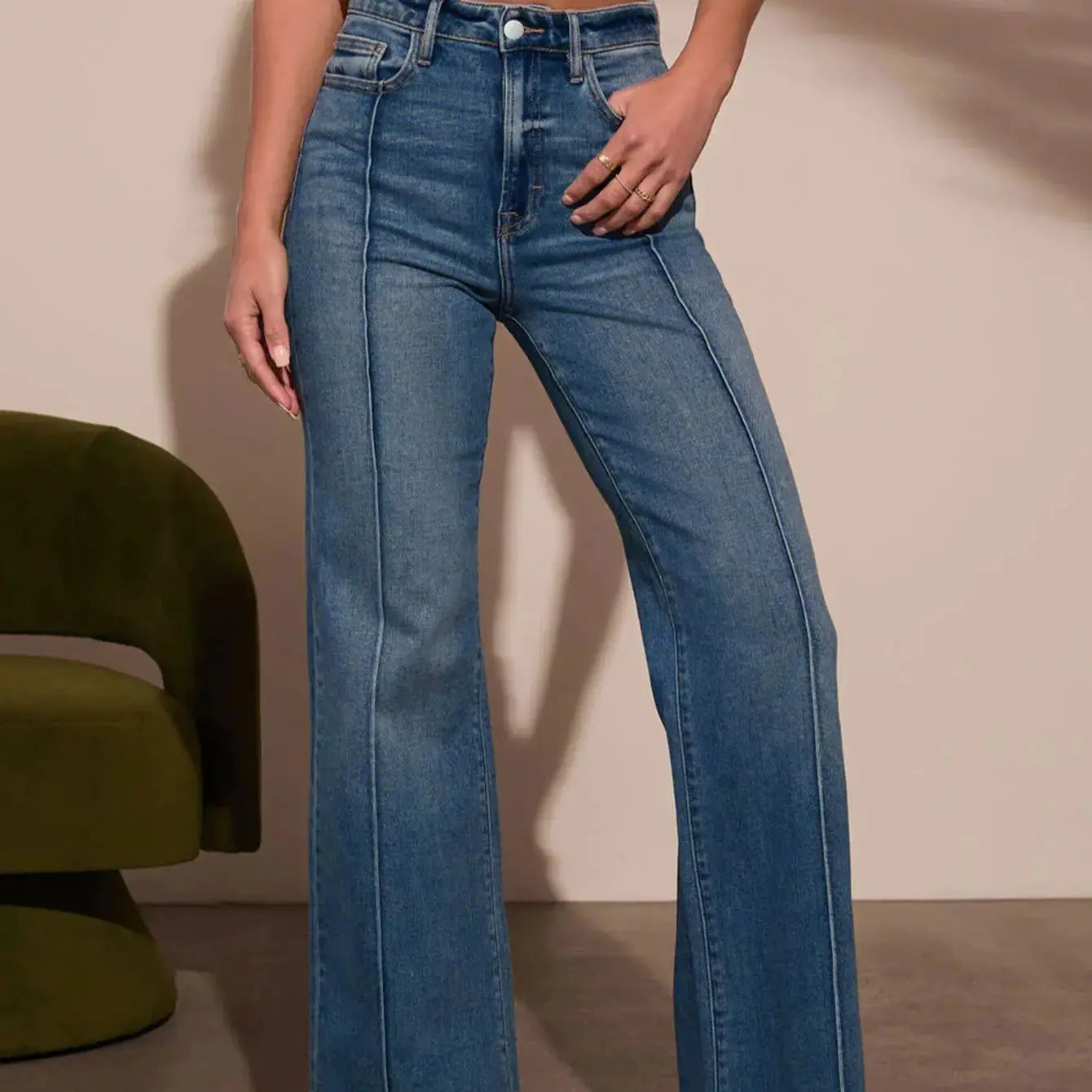 Autumn new women's dark blue high waist straight jeans slim fit wide leg version stretch denim fabric elegant intellectual jeans